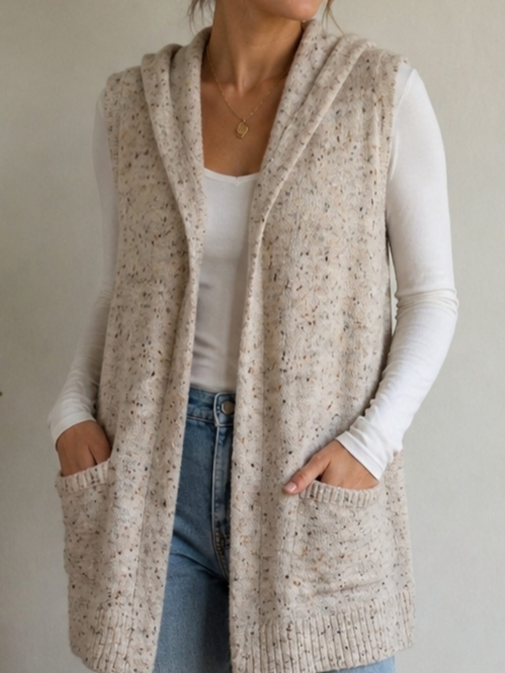 Peyton Primrose Hooded Sweater Vest Women’s Small Cream Speckled Knit Open Front